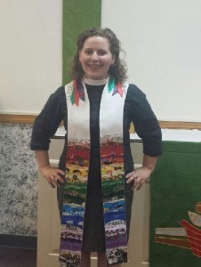 Pastor Emily Wiles wearing the stole her congregation presented to her at her Installation.