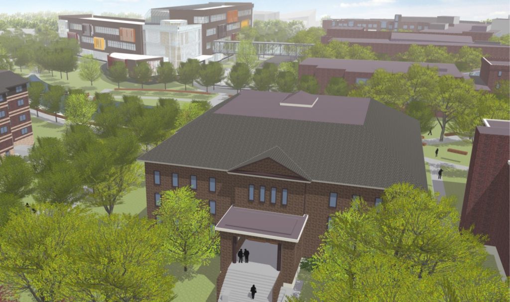 A view of the Hagfors Center from the south, over the top of Old Main