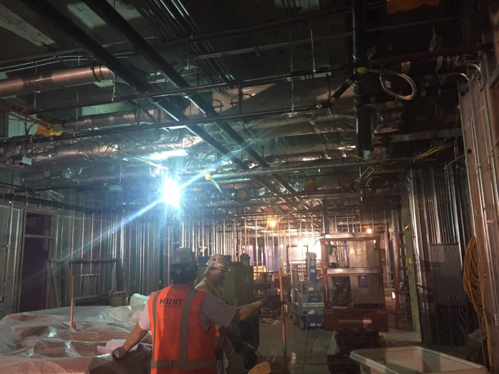 Construction crews continue mechanical, electrical, wall framing and drywall installation.