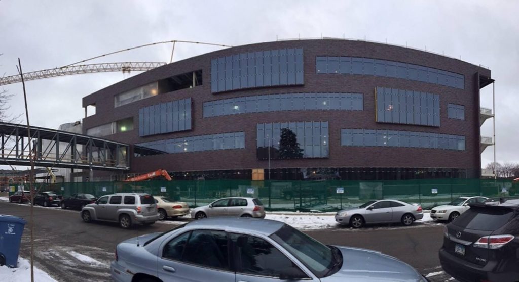 A panoramic view of the Hagfors Center east facade.