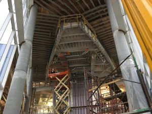 Crews have begun to frame the two-story wall on the interior of the lobby.