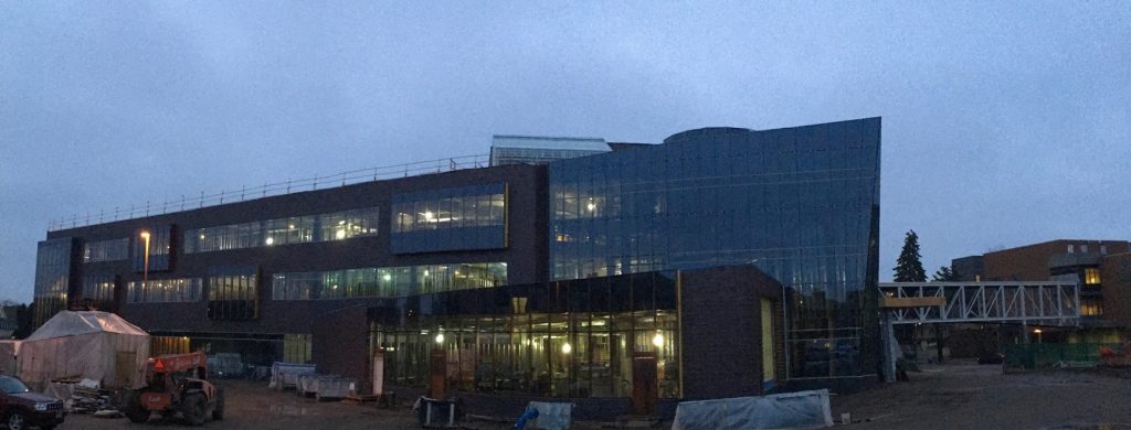 A panoramic view of the south exterior of the Hagfors Center.