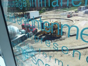 A view of the rotunda from inside the skyway. This photo also provides a glimpse of the artwork on the skyway glass.