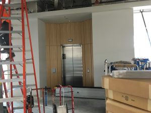 Second-floor lobby elevator doors.