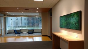 Casual learning area with benches and installed painting