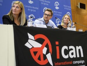 ICAN executive director Beatrice Fihnand steering committee members Daniel Hogsta and Grethe Ostern.