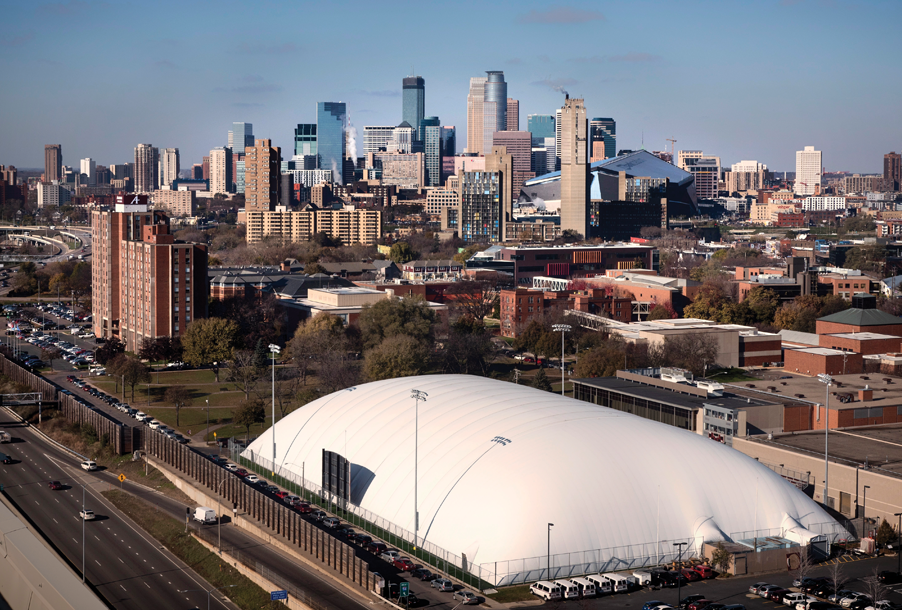 Sky view of the Minneapolis skyline and the Augsburg dome