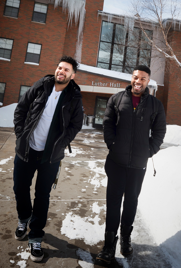 Anthony Villagrana, left, and Mallory Harris head off to class.