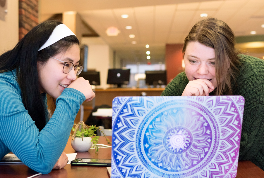 Camryn Masse, left, and Jen Meinhardt study together