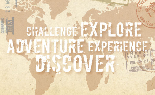 map image that says "challenge, explore, adventure, experience, discover"